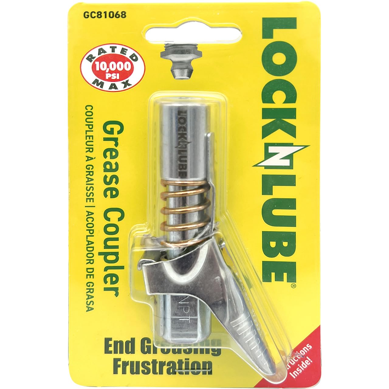 LockNLube front view of coupler showing secure fit and durable finish