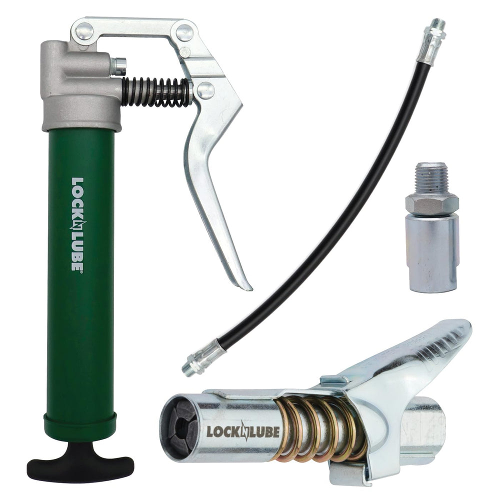LockNLube front view of mini grease gun kit showing compact portability and complete set
