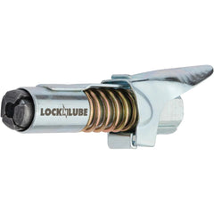 LockNLube attached to grease gun in use for hands-free operation benefit