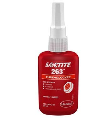 Loctite 263 front bottle view showing red adhesive and clear label for reliable application