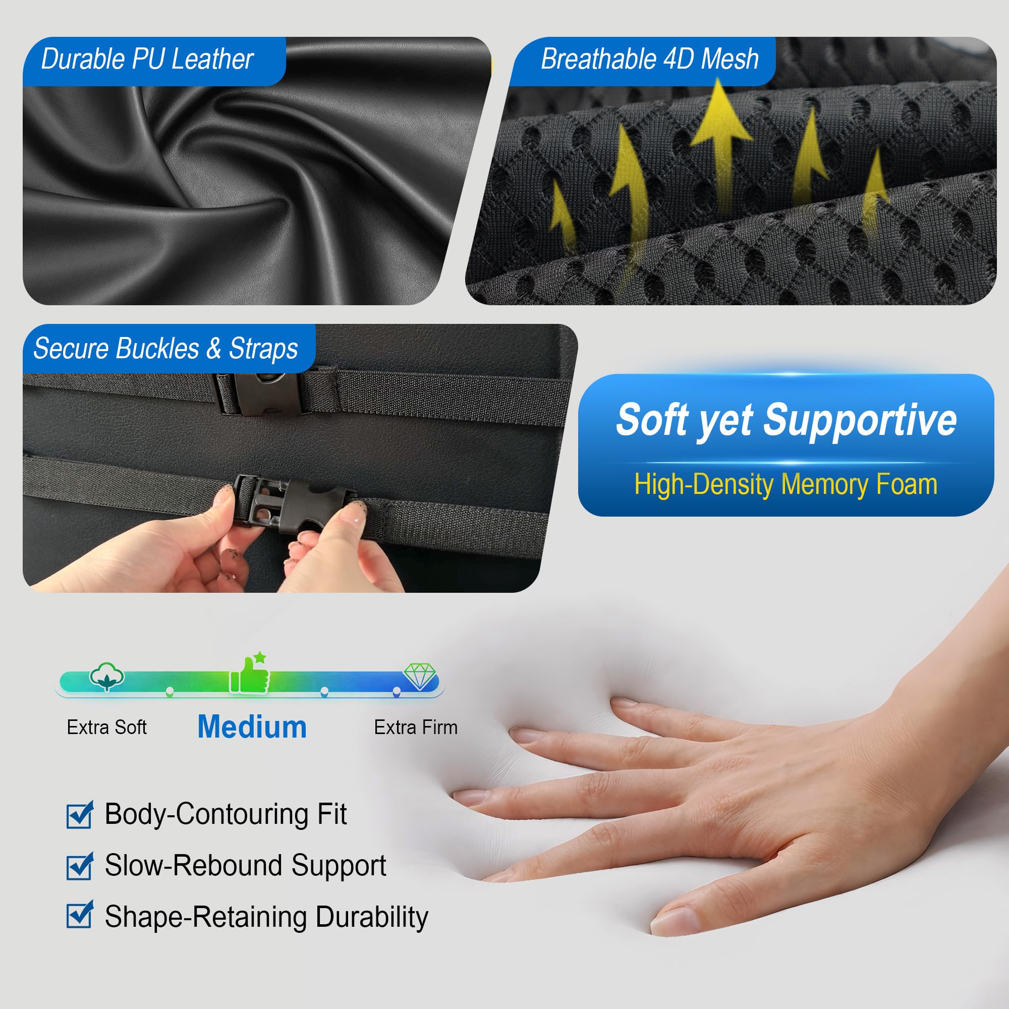 Lofty Aim adjustable straps fastening to secure lumbar pillow at ideal height
