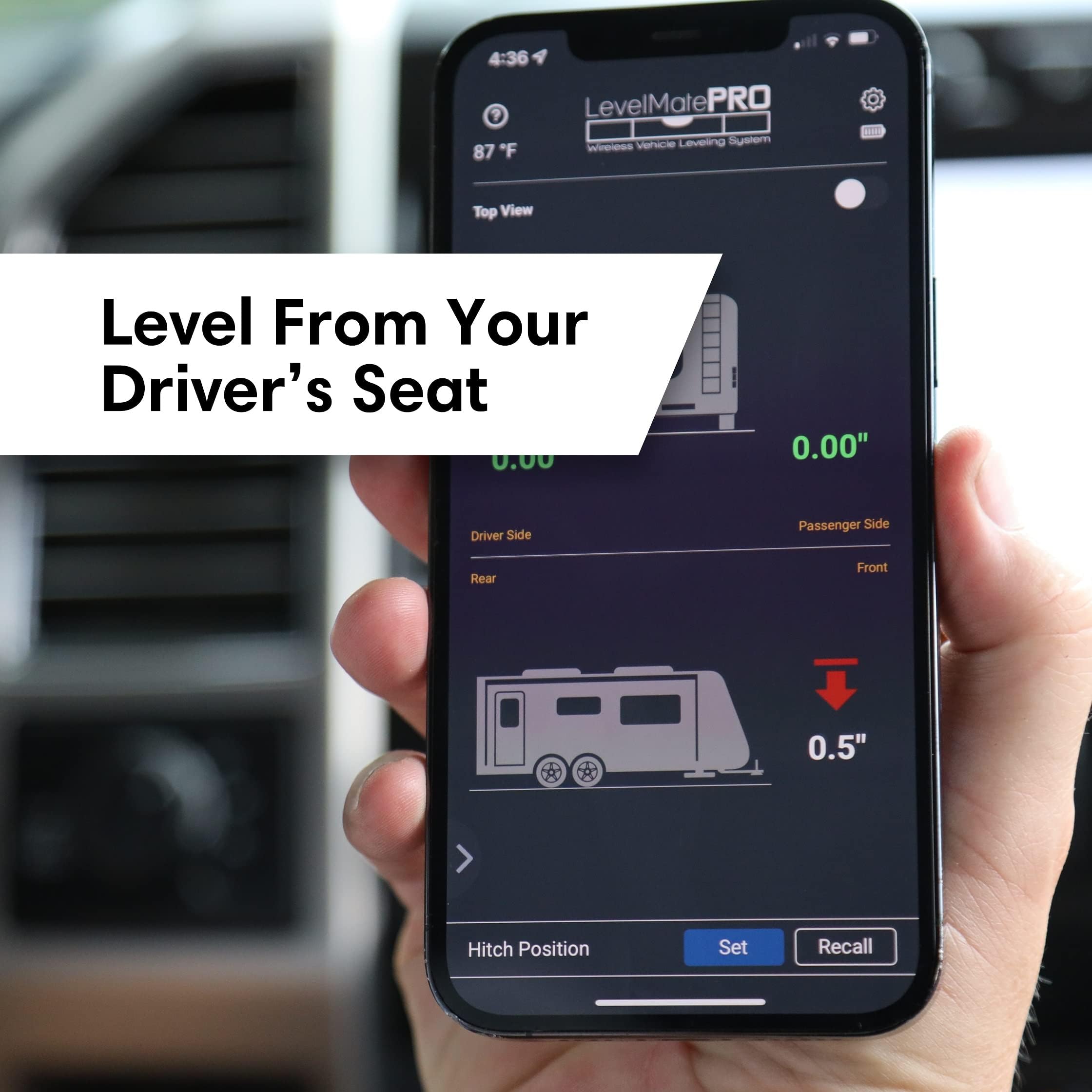 LogicBlue smartphone app screen showing pitch and roll readouts for quick leveling