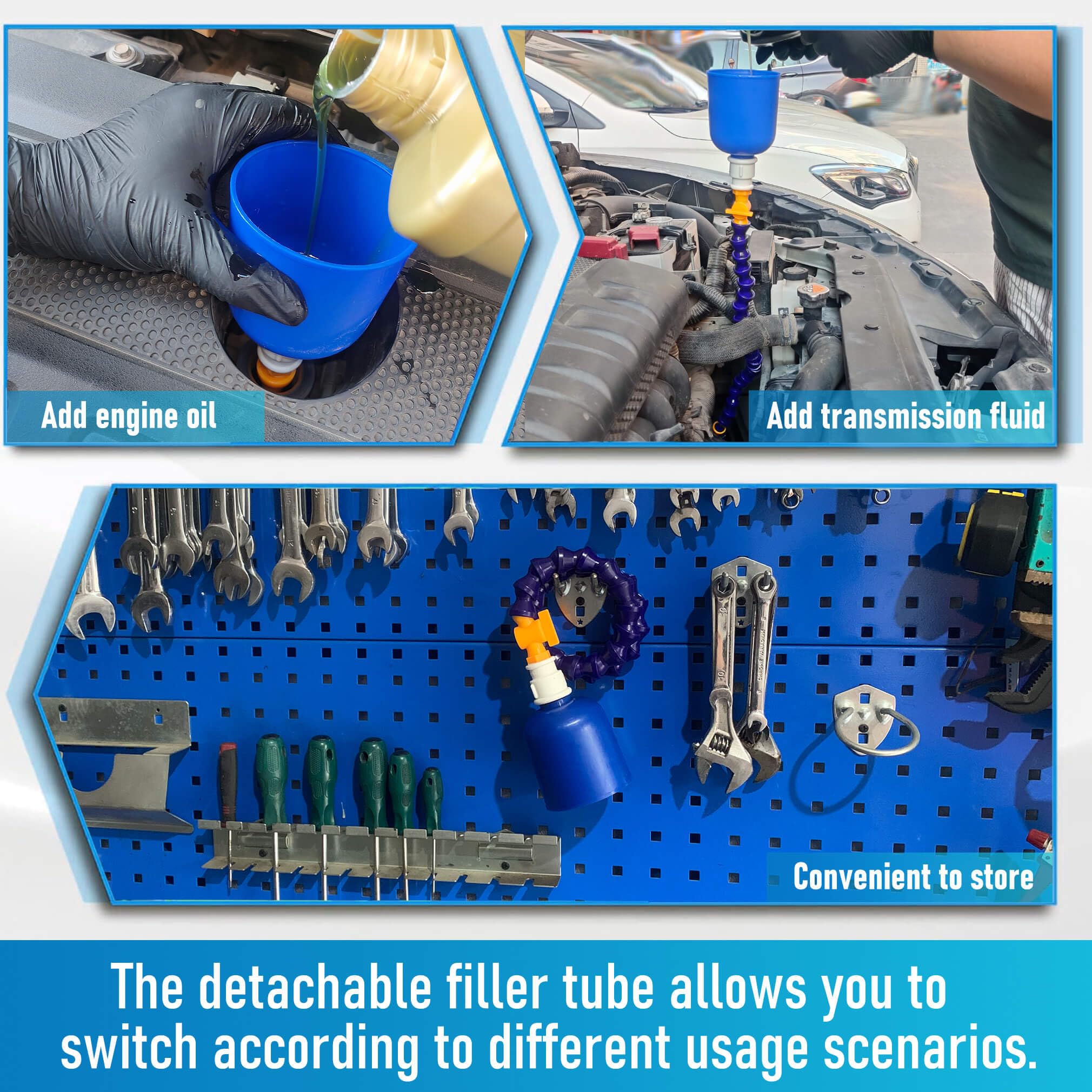 LOGOL rolled funnel stored compactly beside tools illustrating space-saving benefit