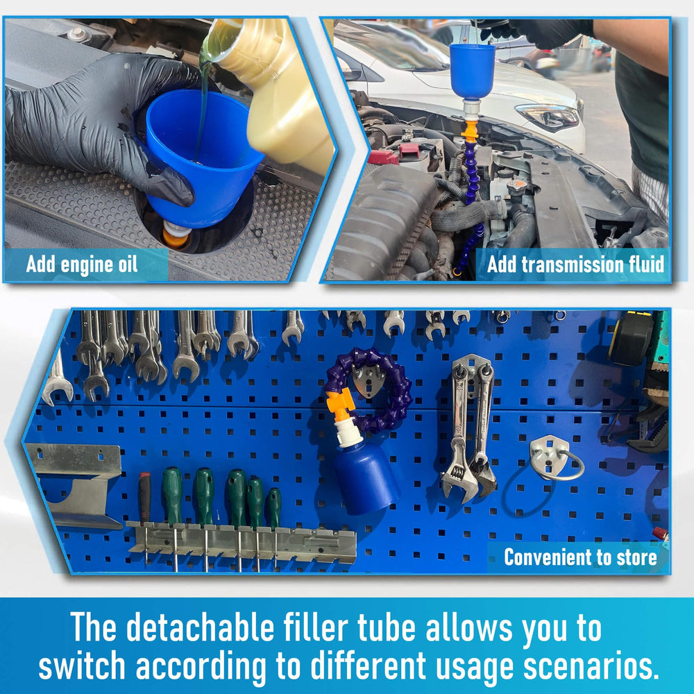 LOGOL rolled funnel stored compactly beside tools illustrating space-saving benefit