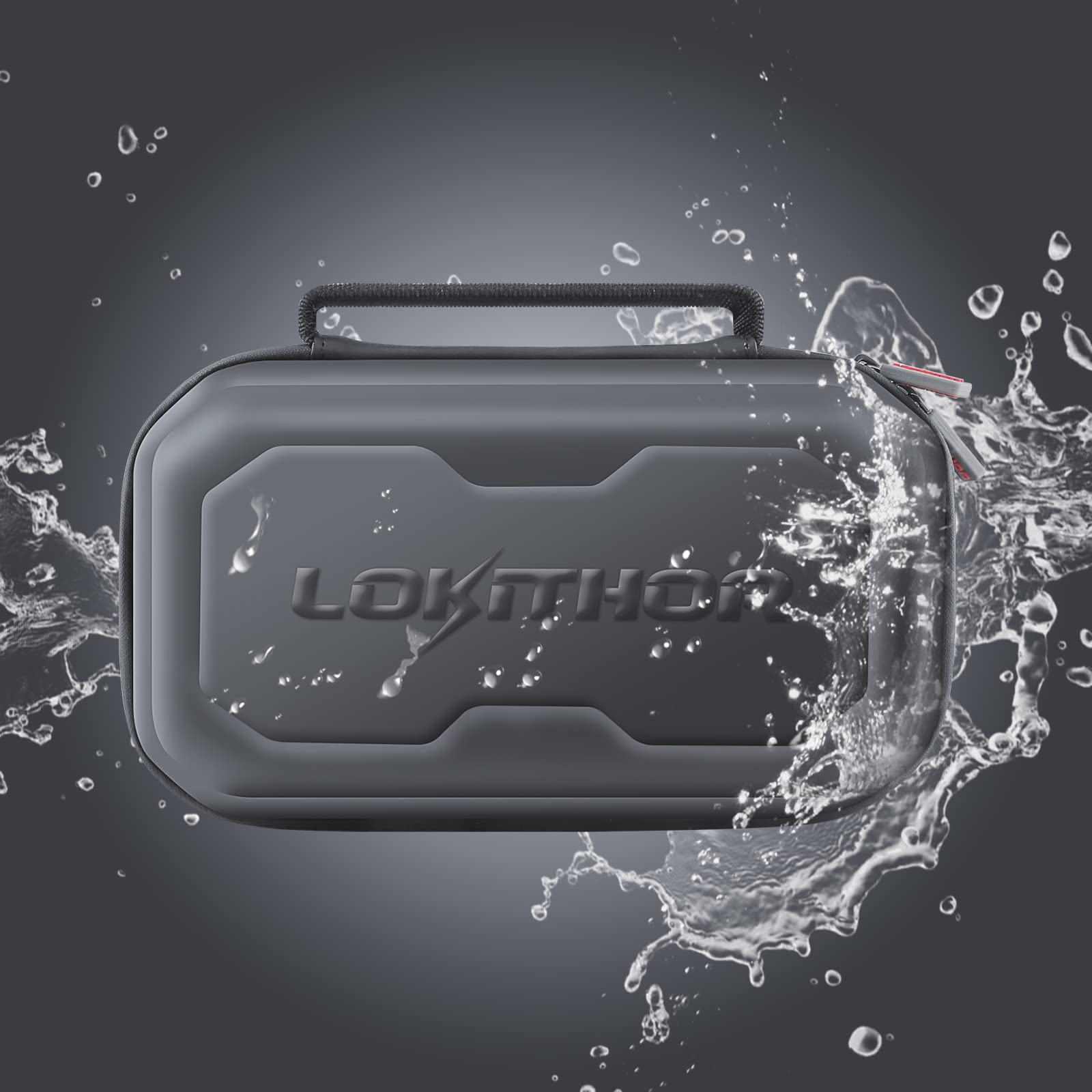 LOKITHOR CASE003 with jump starter inserted showing precise fit and movement control