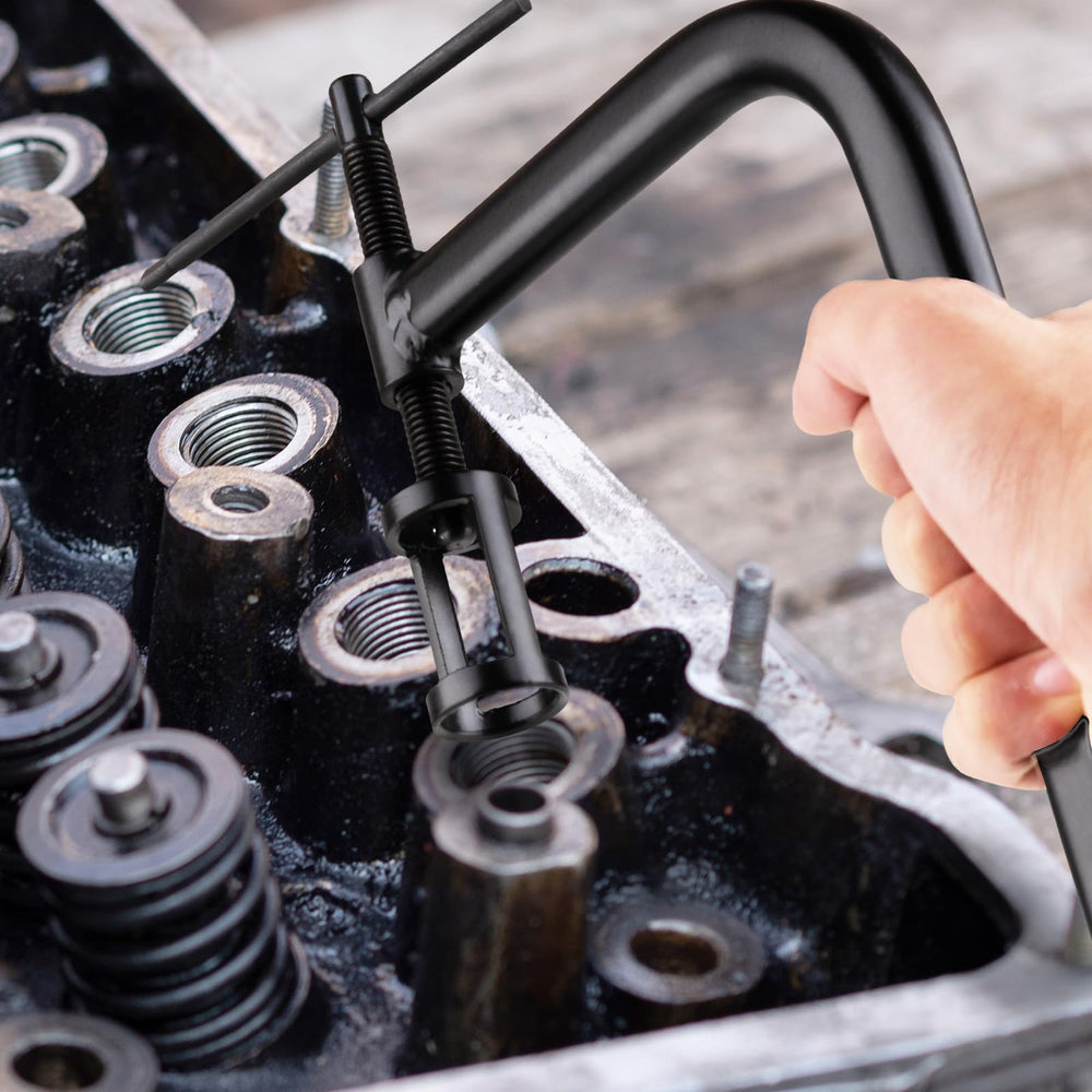 Loksun valve spring tool used on a motorcycle cylinder head for efficient maintenance