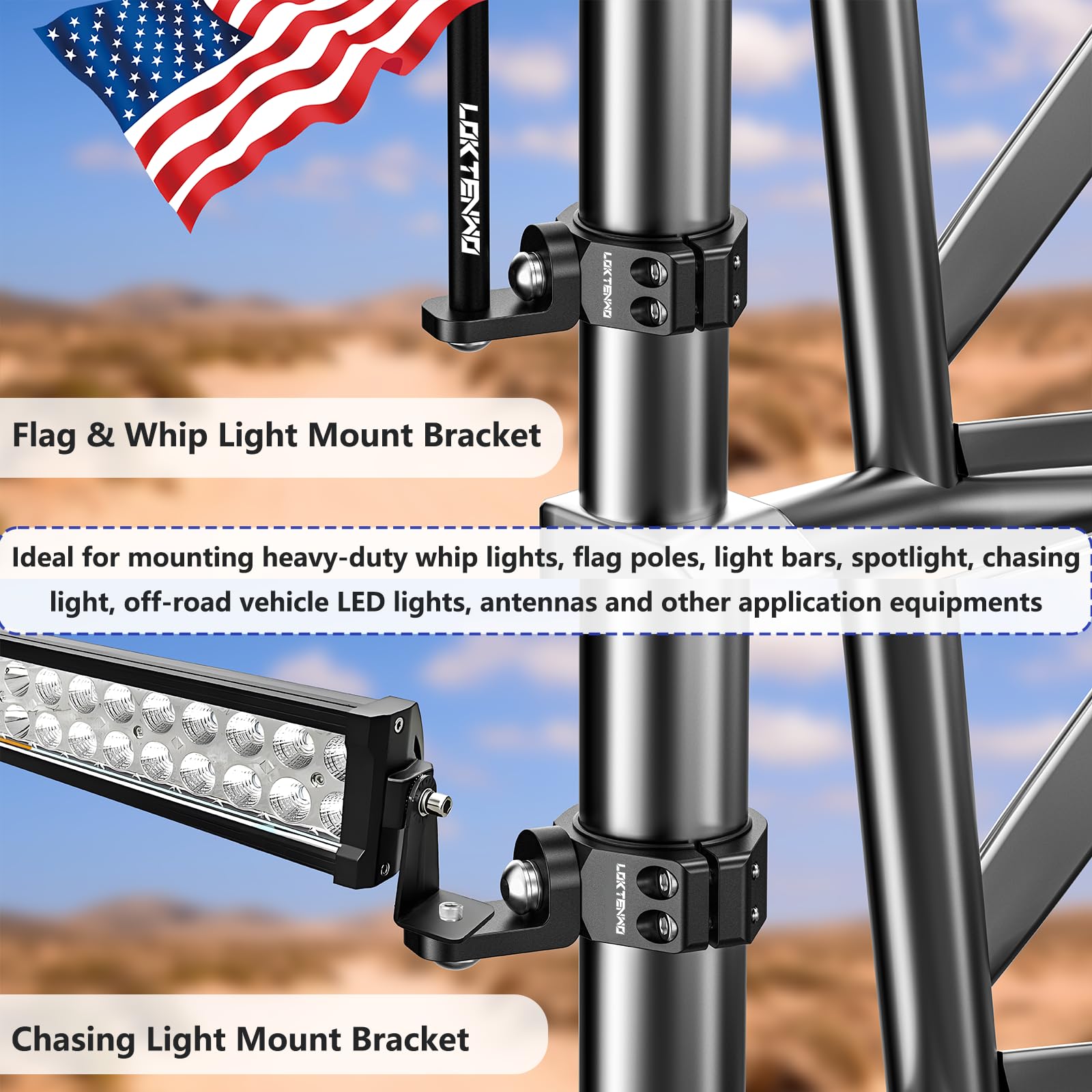 LOKTENWO lifestyle shot of mounts on an off-road vehicle showing durable use in rugged terrain