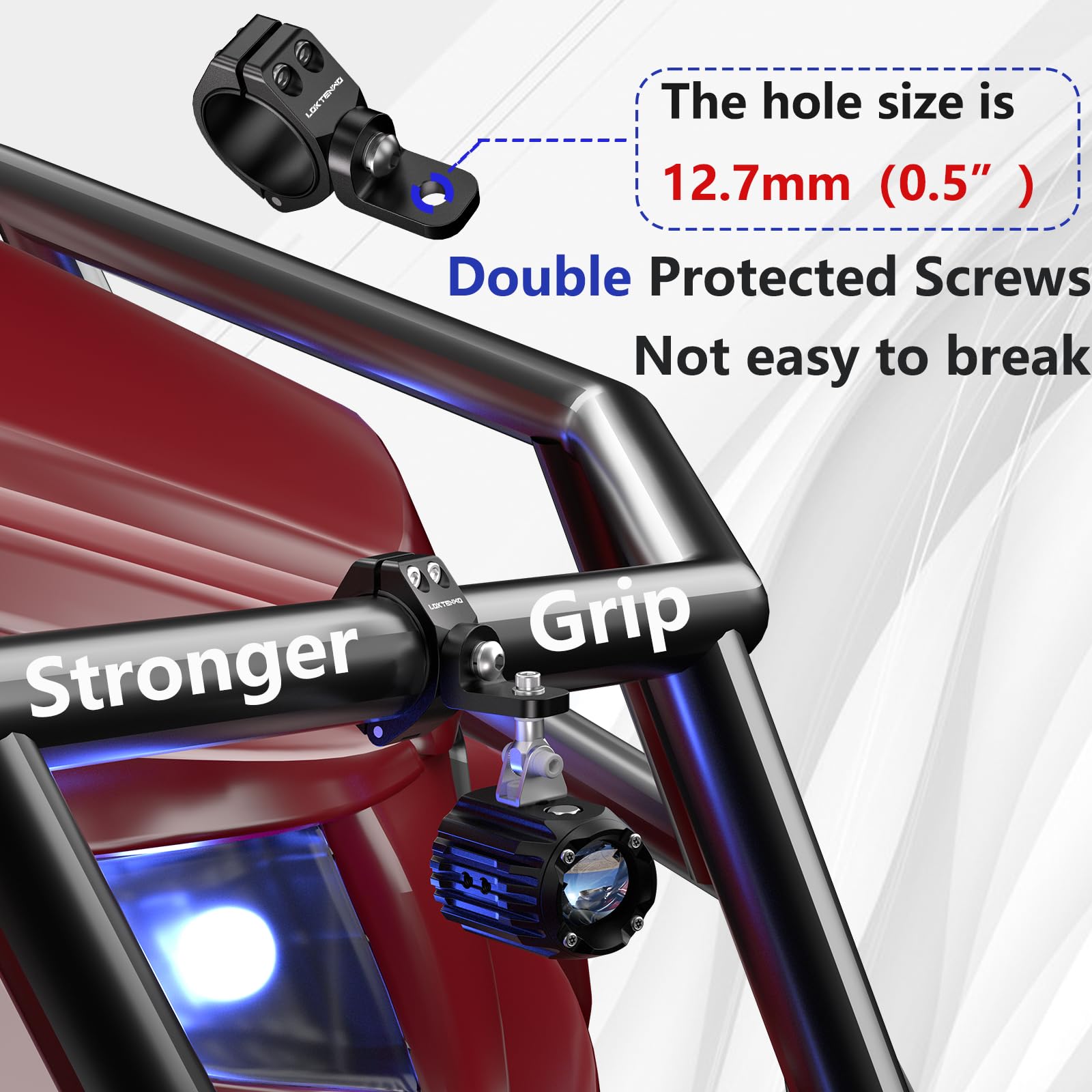 LOKTENWO clamp installed on a motorcycle fork showing compact fit and stable accessory placement