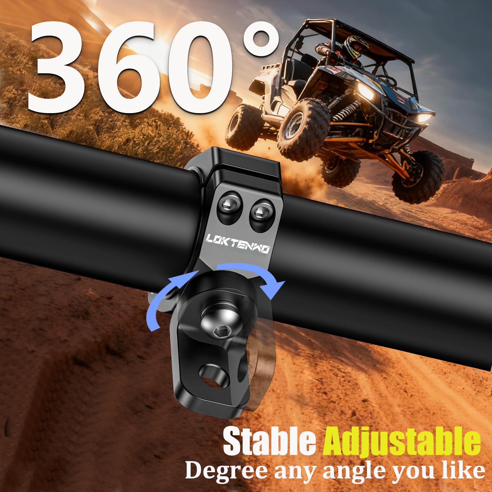 LOKTENWO snap-gear pivot close-up illustrating 360-degree adjustment for precise aiming