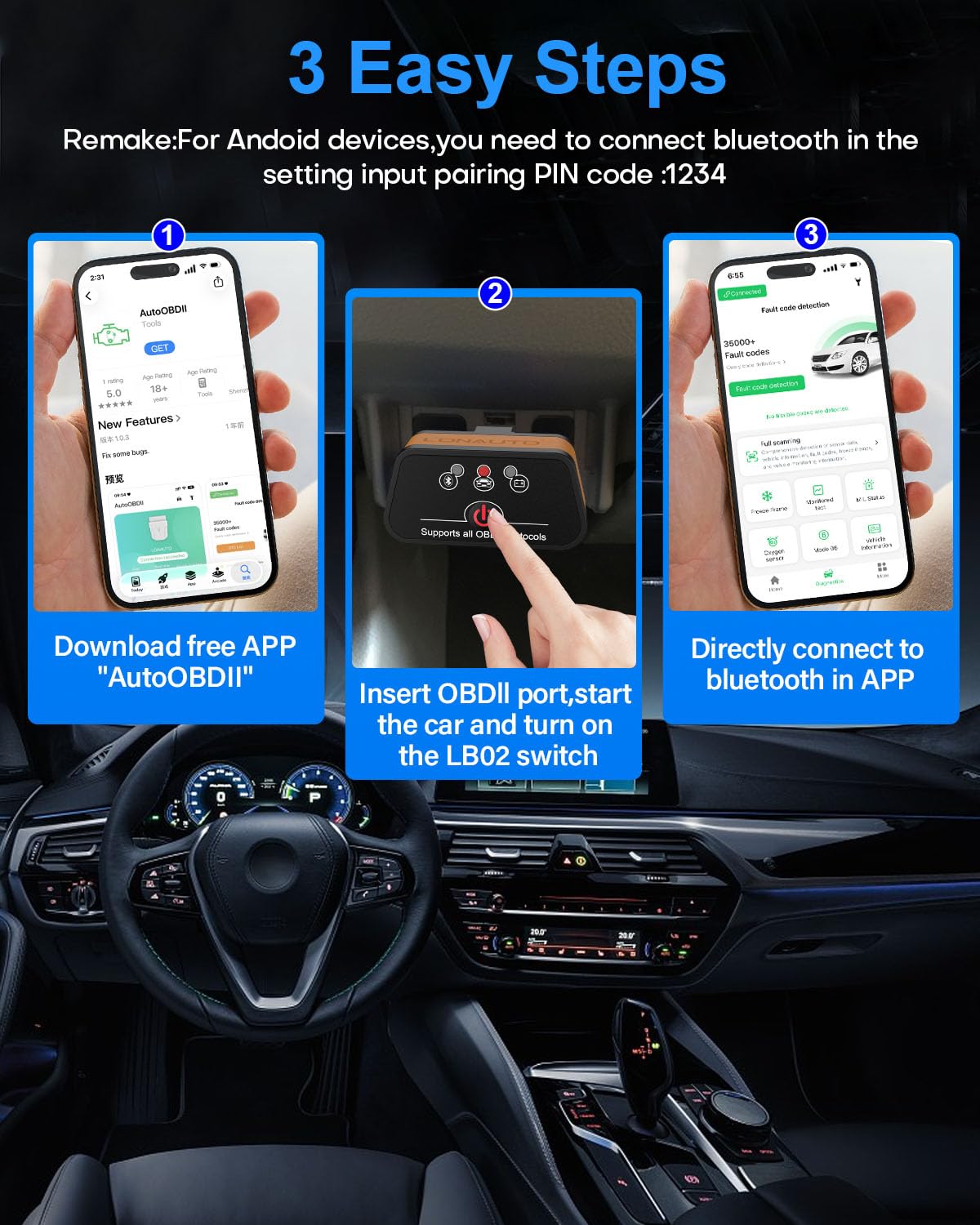 LONAUTO LB02 with AutoOBDII app dashboard on iPhone for real-time vehicle readings
