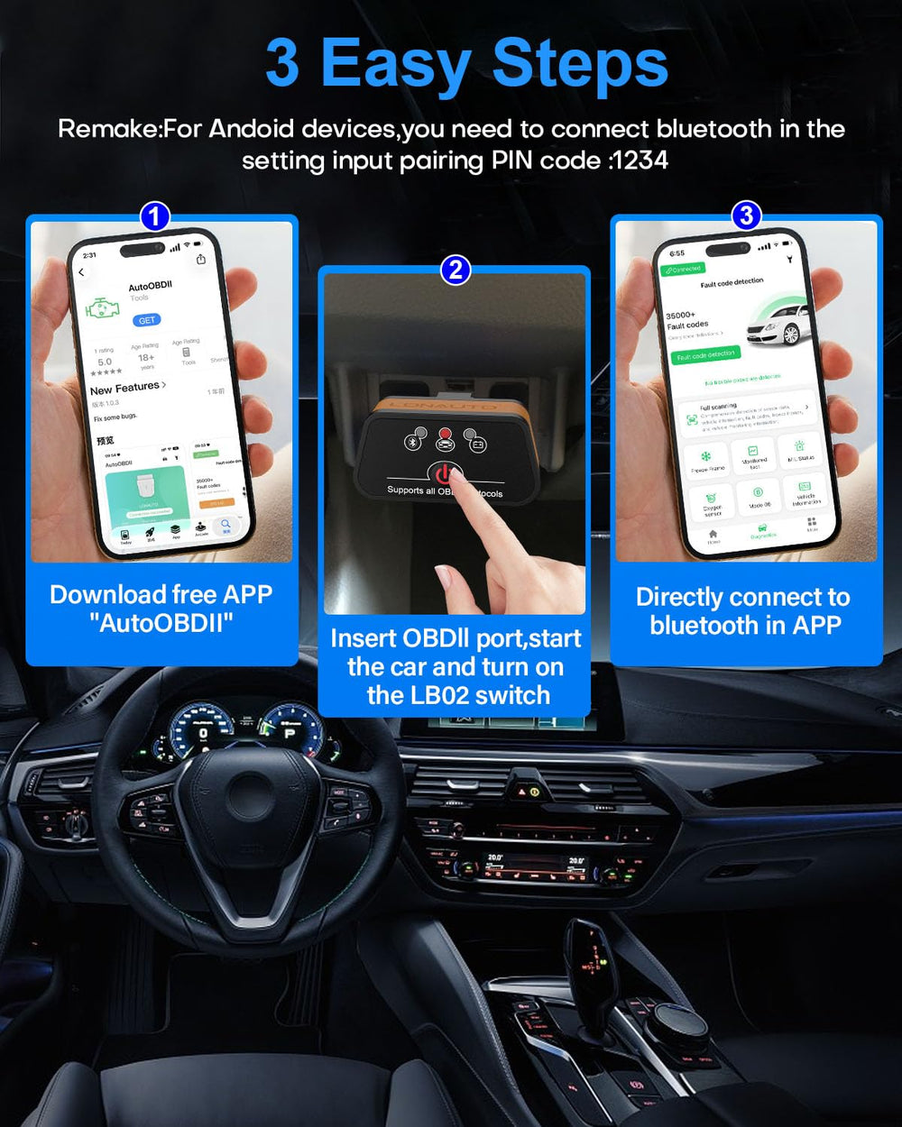 LONAUTO LB02 with AutoOBDII app dashboard on iPhone for real-time vehicle readings