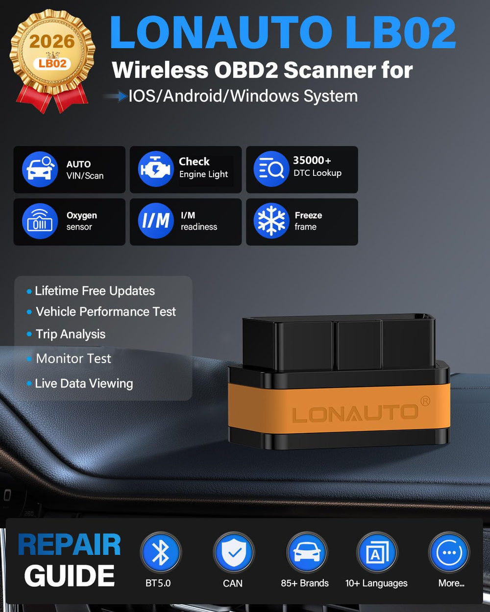 LONAUTO LB02 plugged into car OBD2 port providing wireless engine data access