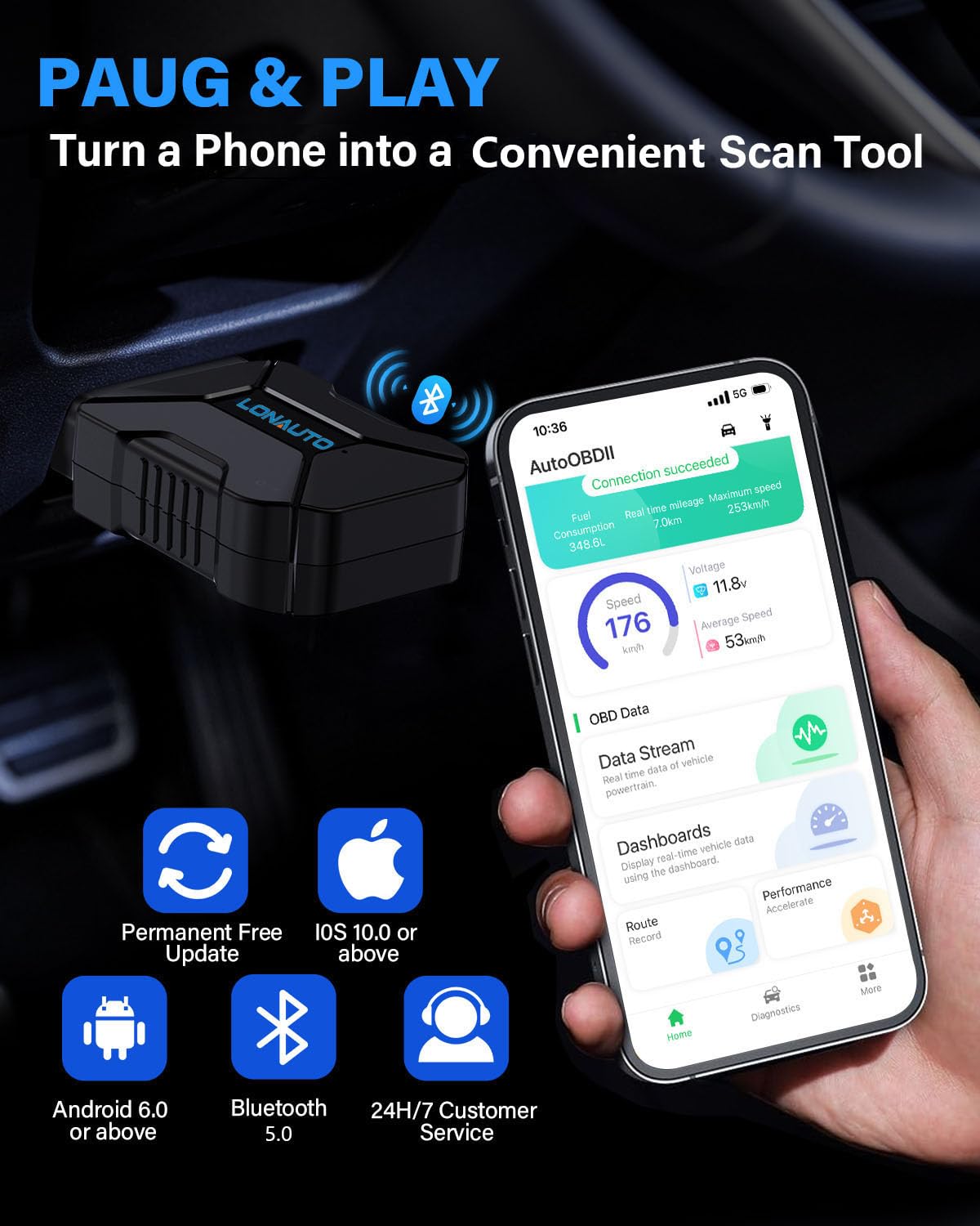 LONAUTO LB03 cable-free in-car setup for quick roadside checks