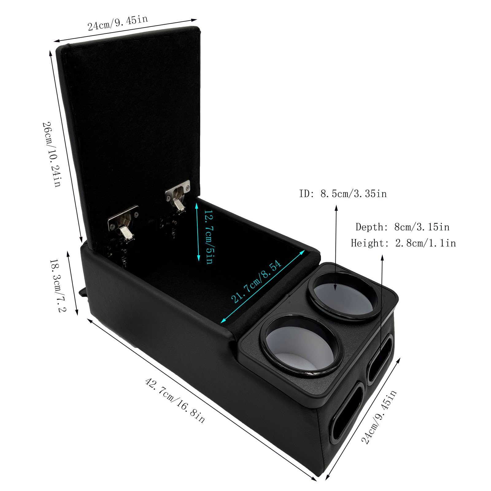 LOOYE top view highlighting dual cup holders and lidded compartment for convenience