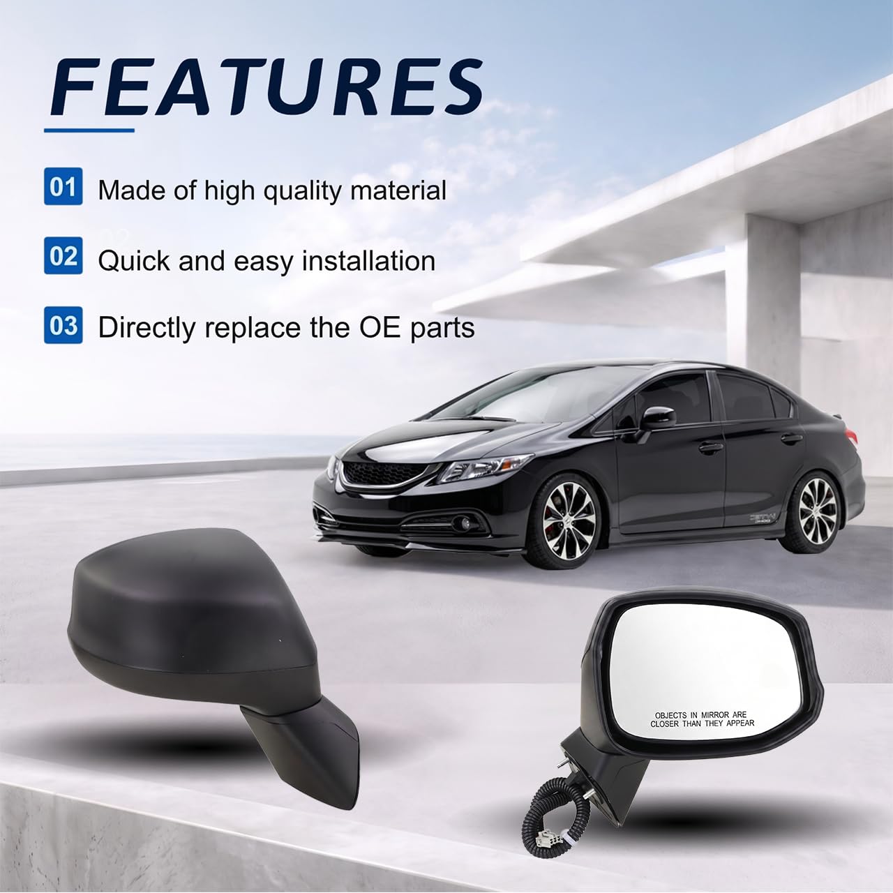 Lqito mirror installed on Civic demonstrating improved visibility and fitment