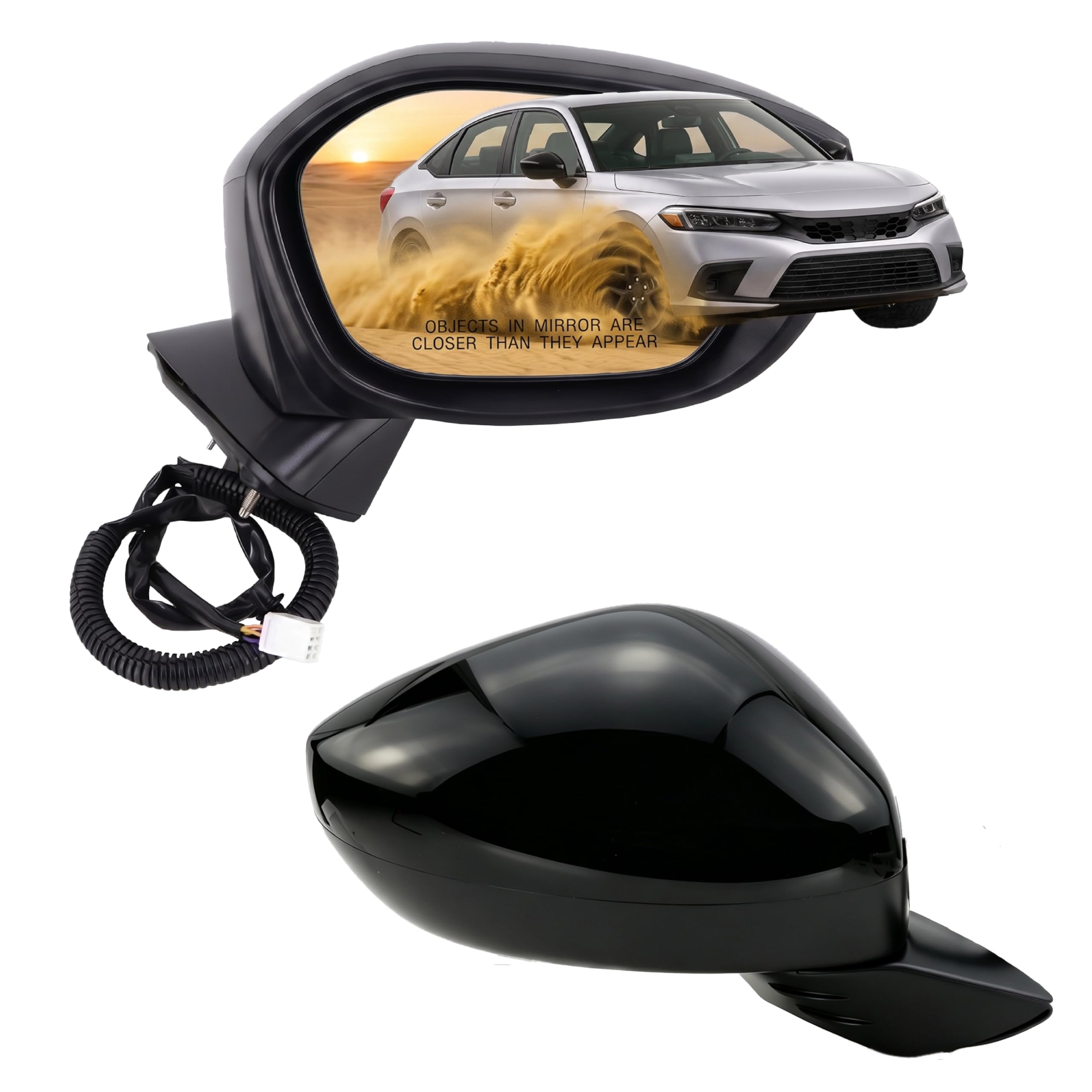 Lqito passenger mirror front view showing Crystal Black Pearl finish and OEM fit benefit