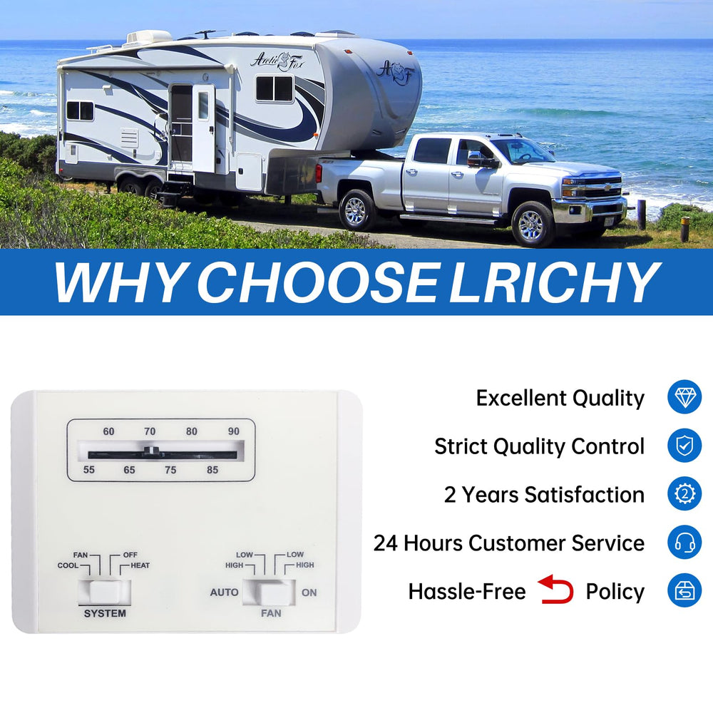 Lrichy thermostat retail packaging and manual laid out to show included instructions and warranty benefit
