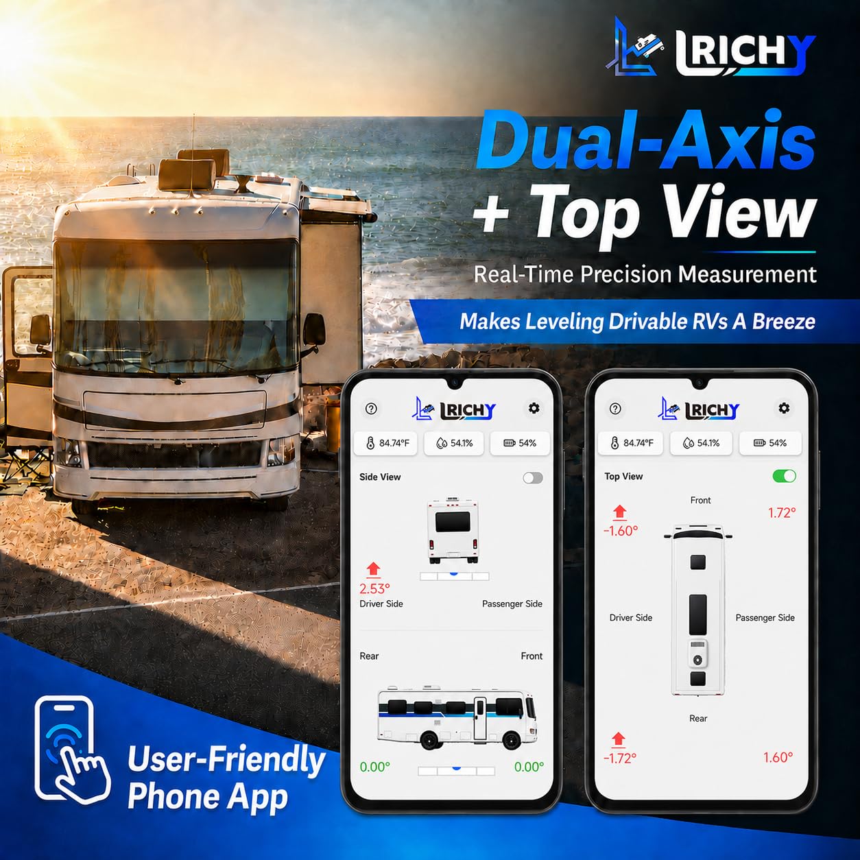 Lrichy top-down corner diagram in app guiding precise corner adjustments