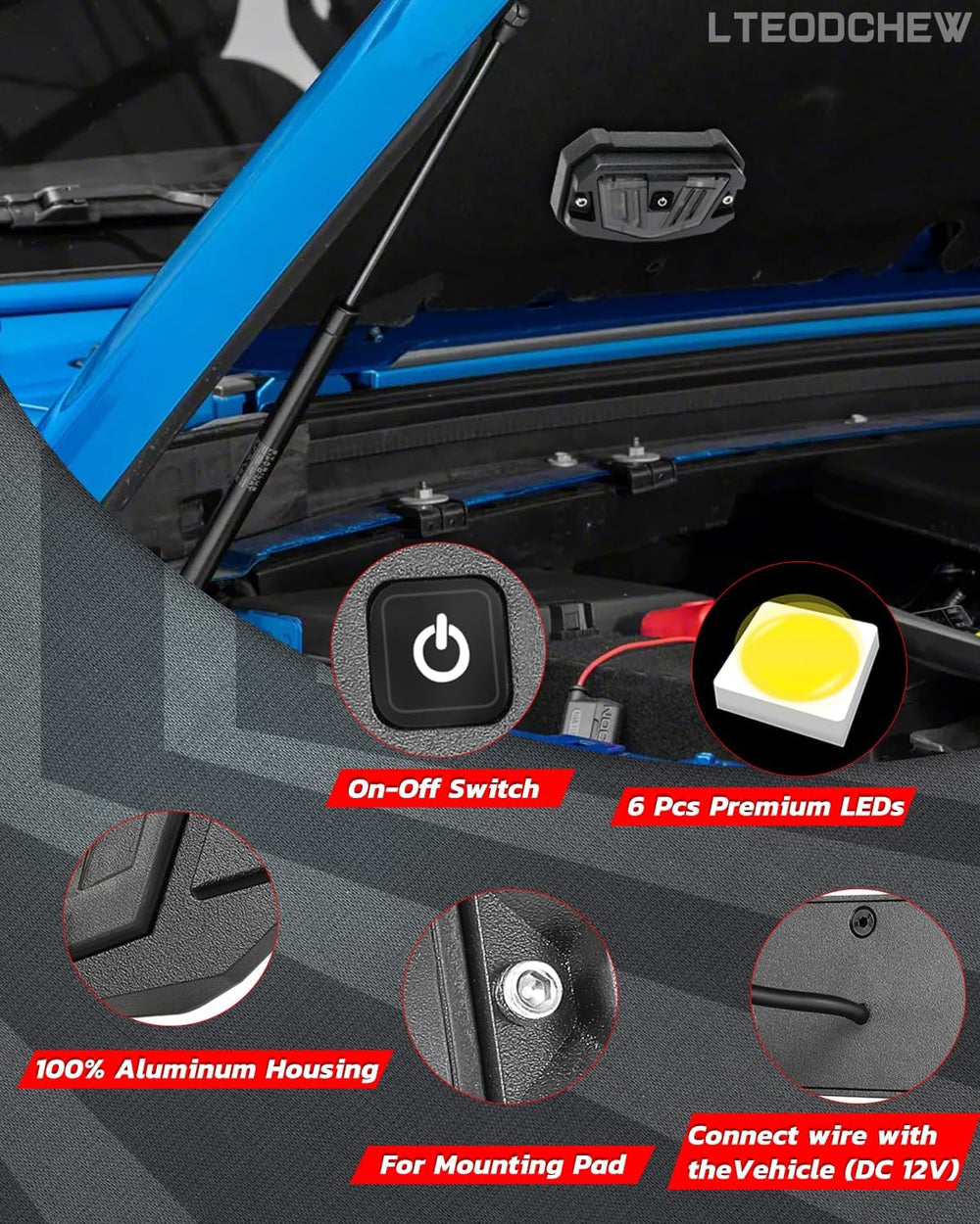 LTEODCHEW heat-dissipation fins illustrating aluminum construction and cooler LEDs