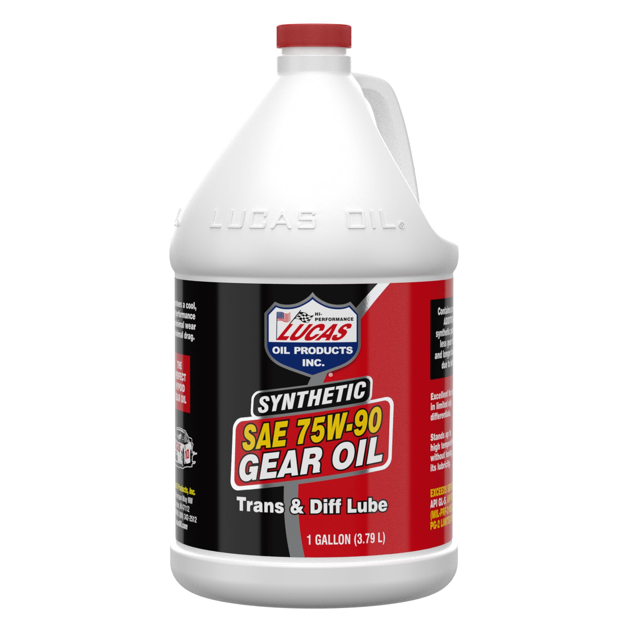 Lucas Oil gallon front view showing product and easy-pour handle for workshop convenience