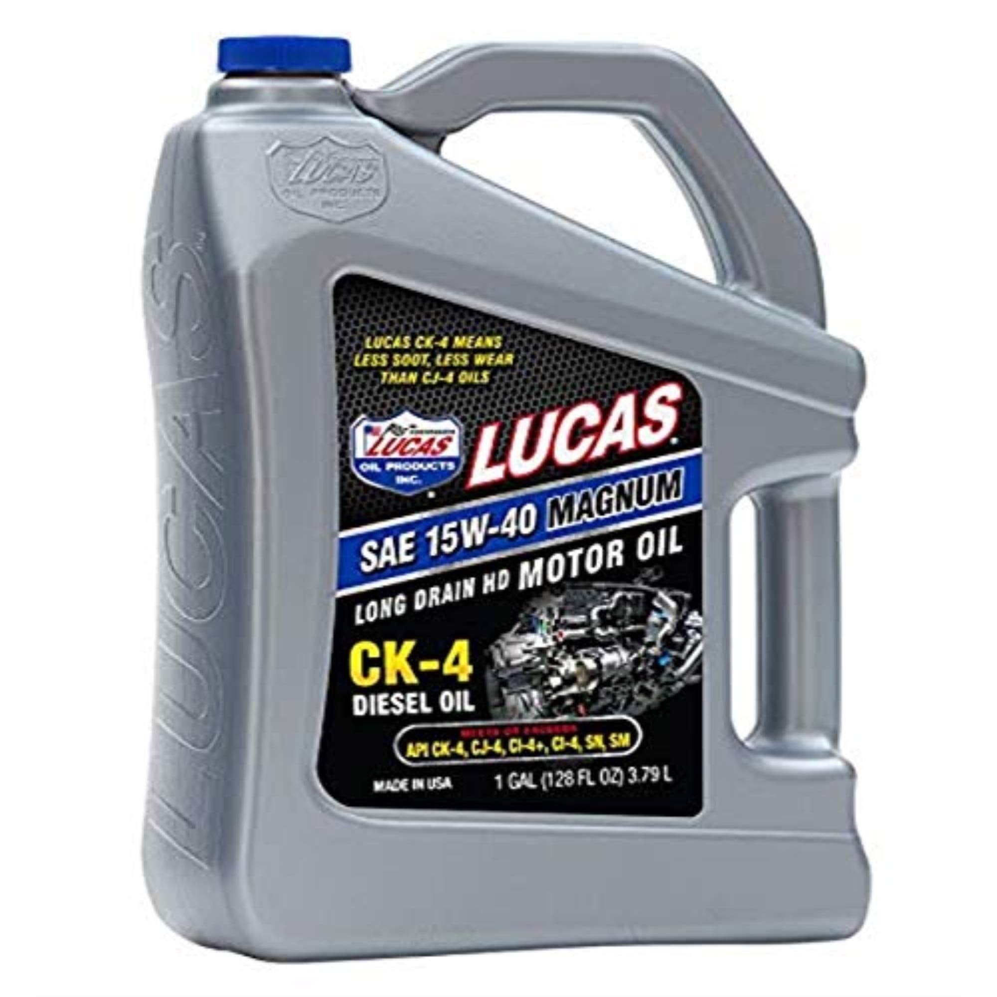 Lucas Oil 10287 15W-40 one-gallon front label showing heavy-duty protection