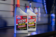 Lucas Oil 11100 being poured into an engine oil fill, shows easy top-off