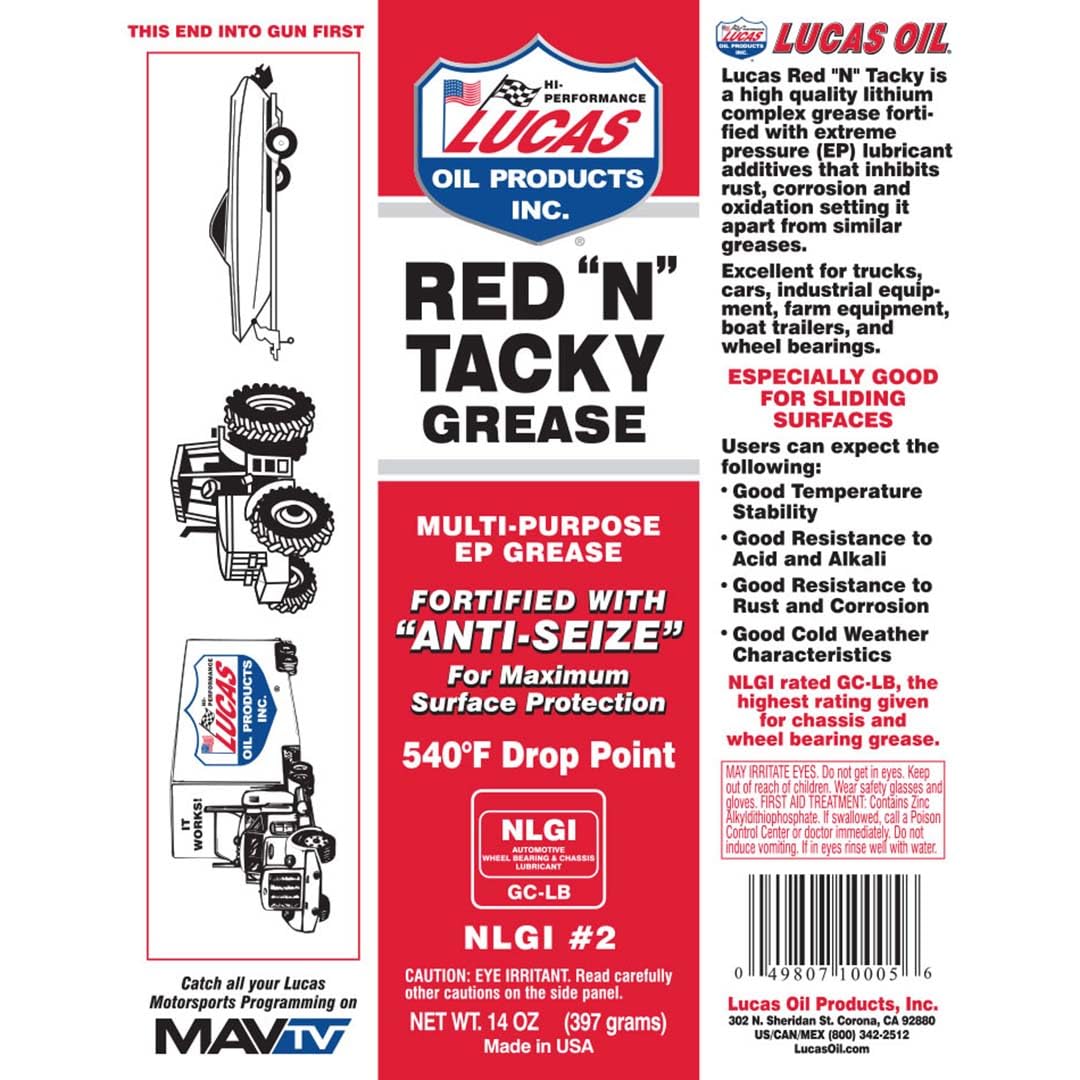 Lucas Oil Red N Tacky cartridge close-up showing label and easy grease gun compatibility