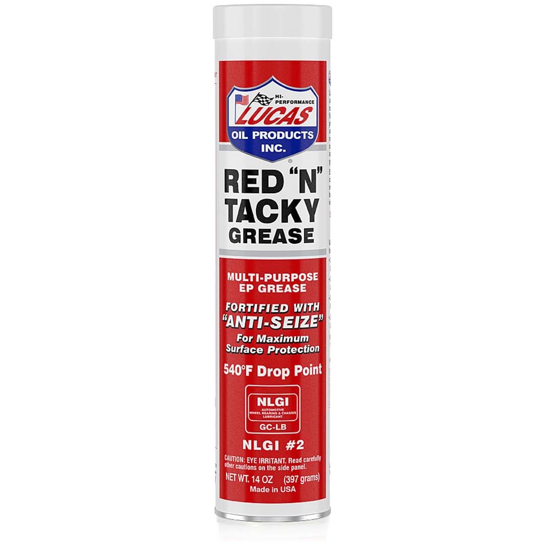 Lucas Oil Red N Tacky front packaging showing 10 cartridges and storage convenience
