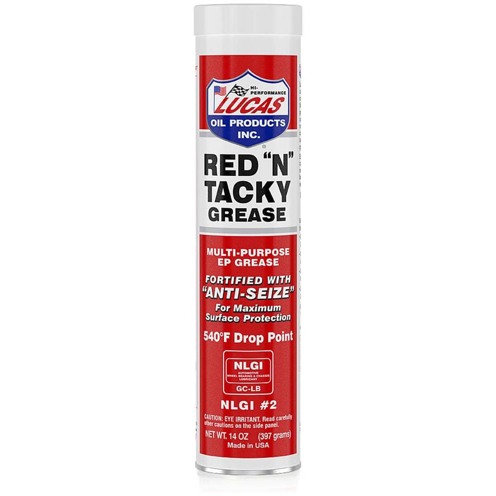 Lucas Oil Red N Tacky front packaging showing 10 cartridges and storage convenience