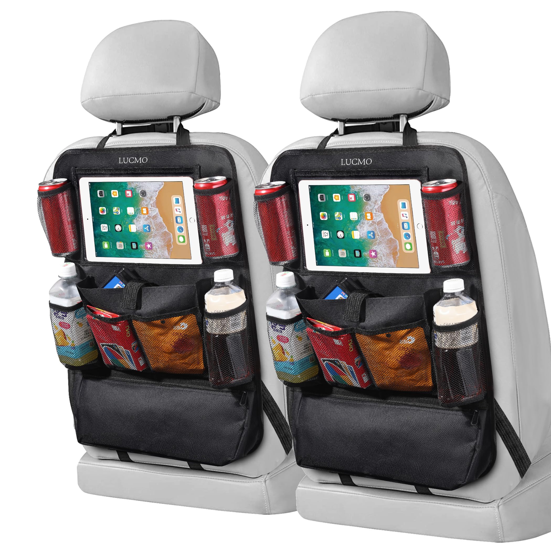 LUCMO front view of black seatback organizer showing nine pockets and neat storage benefit