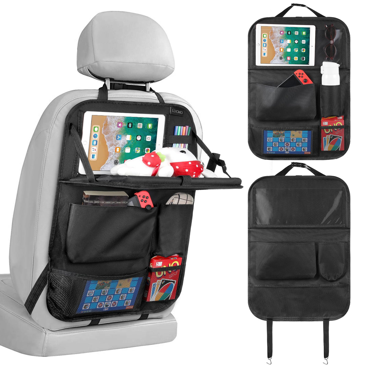 LUCMO front view of organizer protecting seat and adding storage benefit