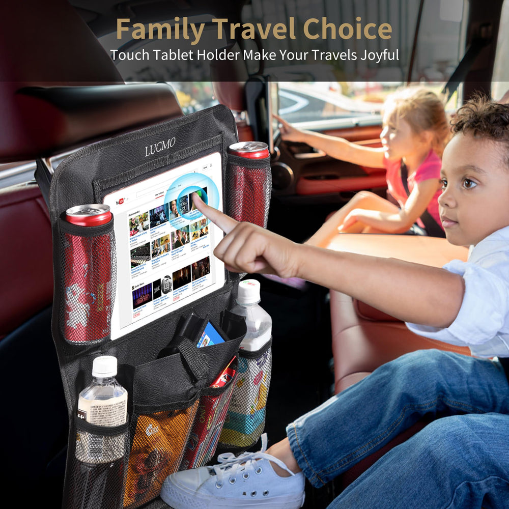 LUCMO installed in an SUV behind a front seat demonstrating organized family trips