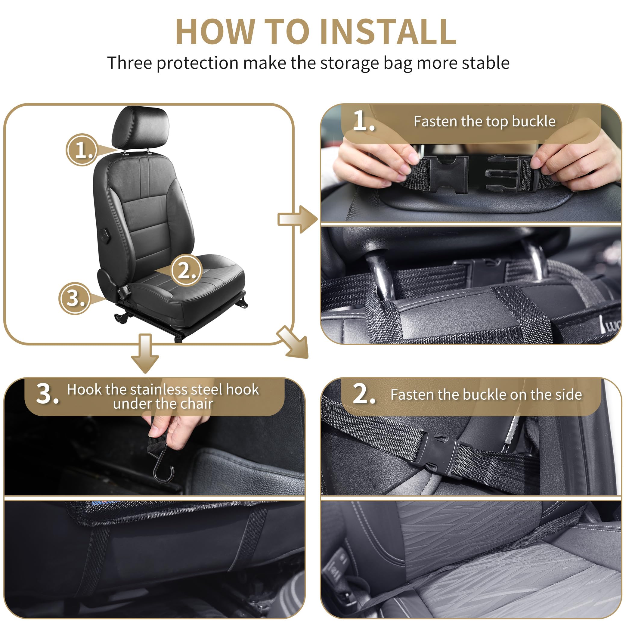 LUCMO strap and aluminum hook fastening securely to the headrest for stable attachment