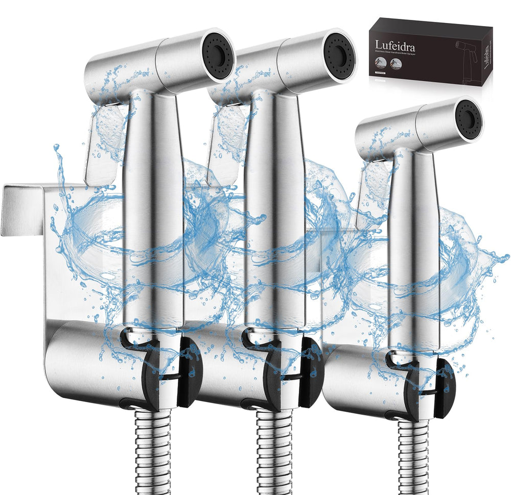 LUFEIDRA front view of three handheld bidet sprayers showing durable finish and compact design for hygienic cleaning
