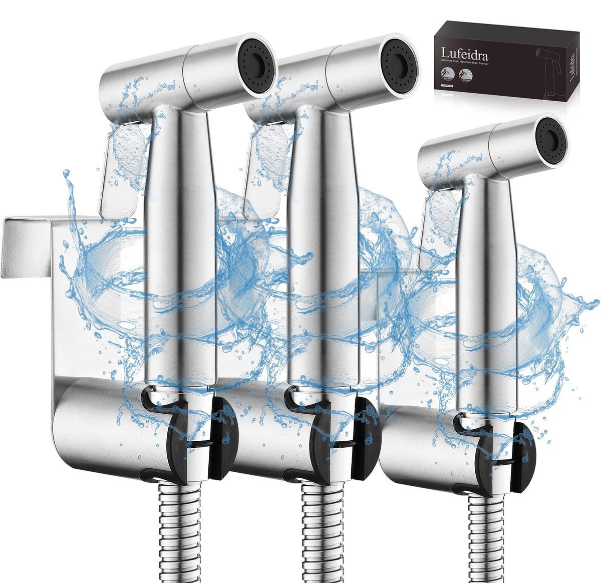 LUFEIDRA front view of three handheld bidet sprayers showing durable finish and compact design for hygienic cleaning