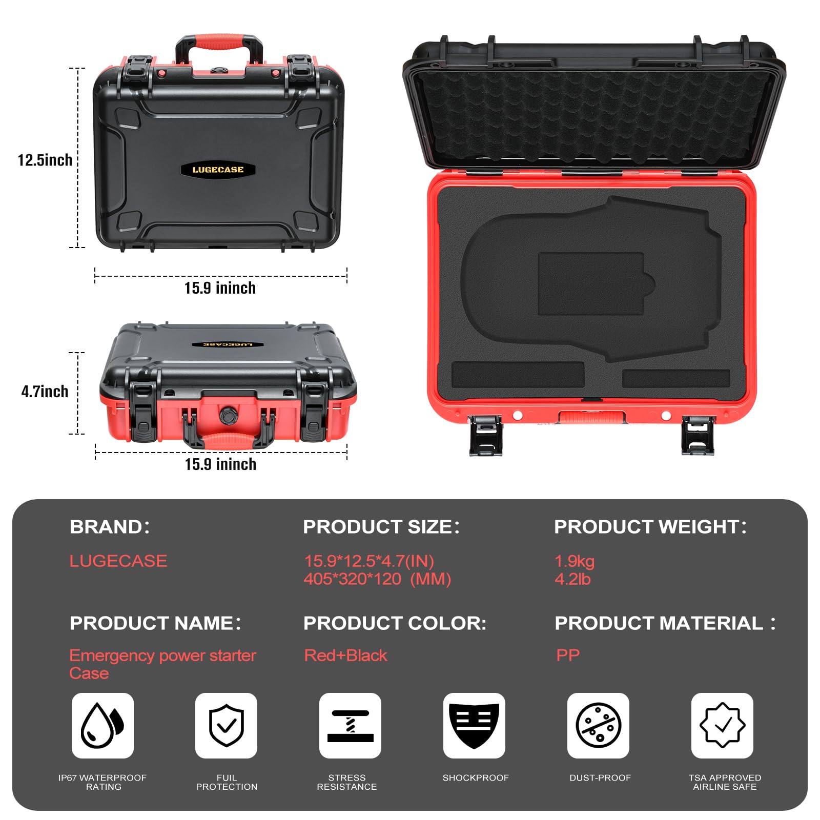 LUGECASE close-up latch and hinge securing NOCO Boost X GBX155 for reliable closure
