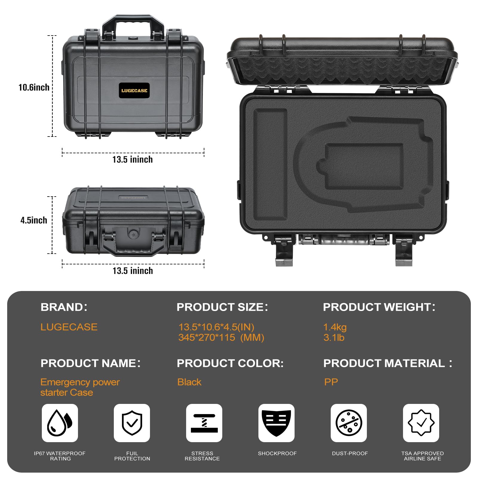 LUGECASE open with charger and jumper cables organized for quick access