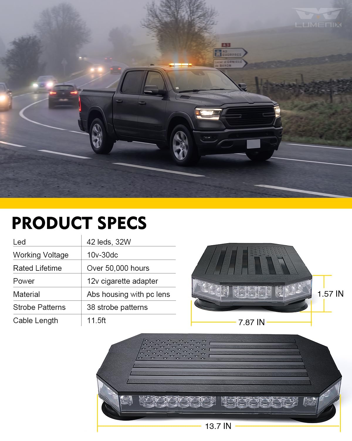 LUMENIX nighttime strobe demonstrating strong roadway visibility