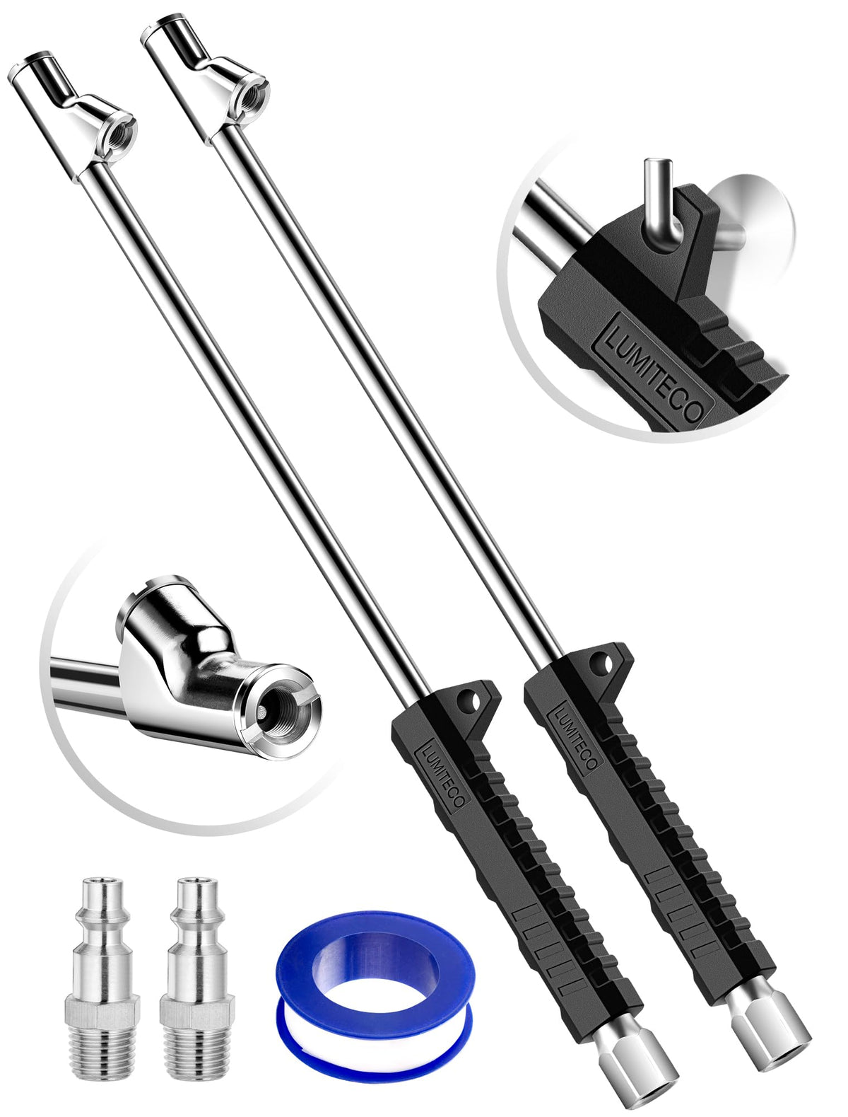 LUMITECO front view of dual head chuck showing extended reach and durability