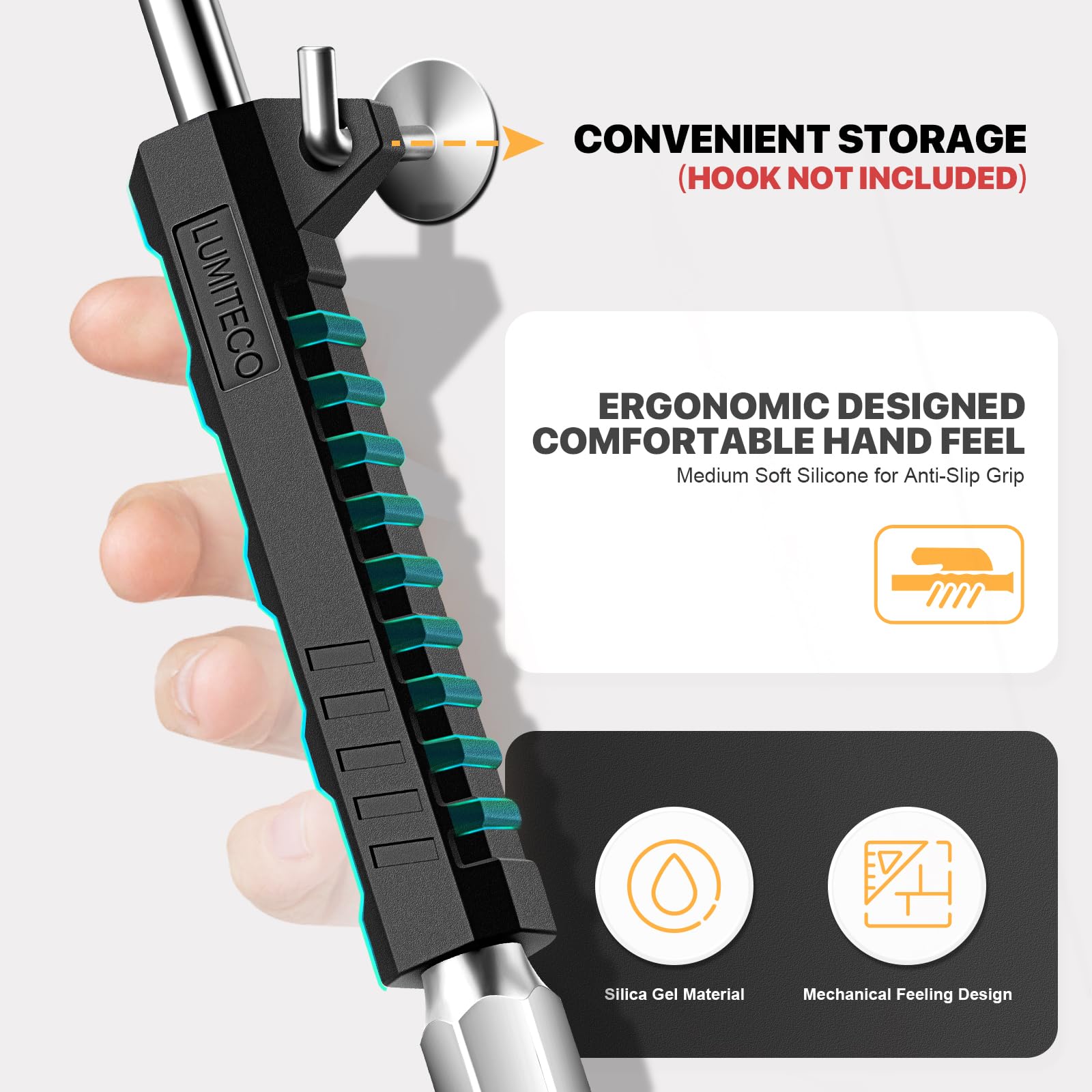 LUMITECO rubber grip with hook providing secure handling and easy storage