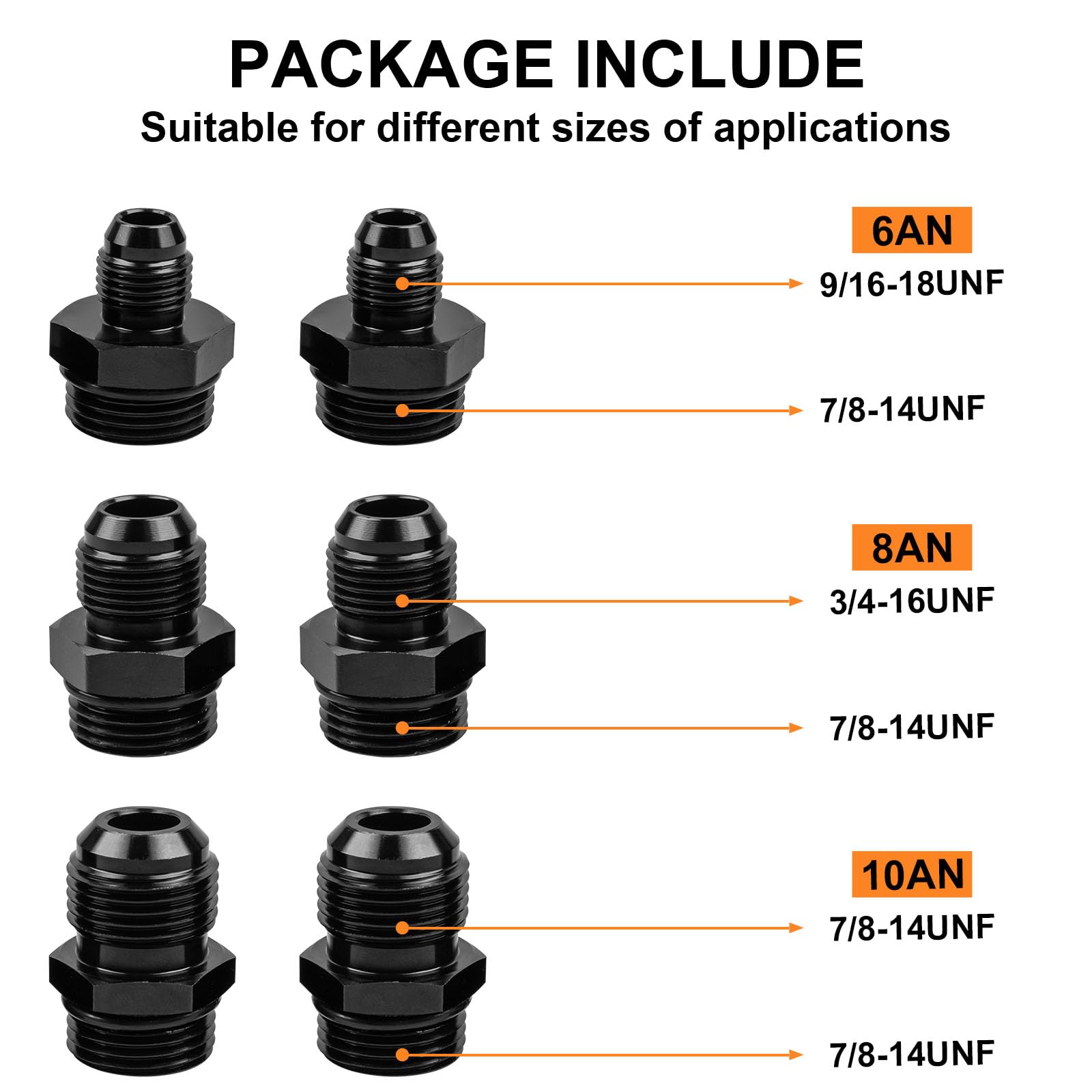 Luney AN adapters and six O-rings kit displayed for universal installation flexibility