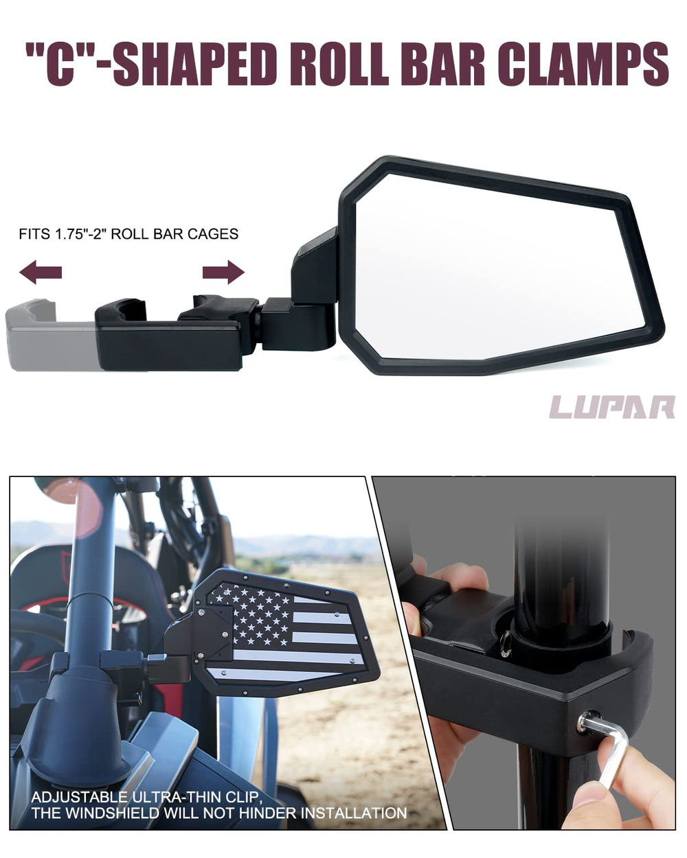 Lupar adjustable C-clamp bracket mounted on 1.75"–2" roll cage for secure fit