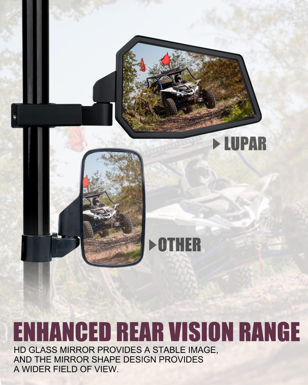 Lupar folded mirror in protected position reducing damage on tight trails
