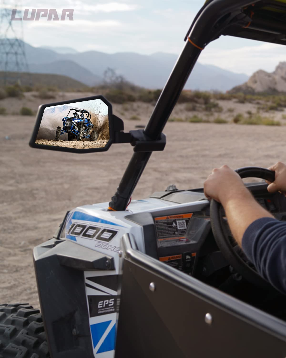 Lupar mirror mounted on UTV in trail scene improving rear awareness