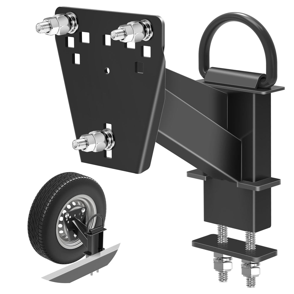 Lusheer front view of assembled spare tire mount showing compact secure fit and stability