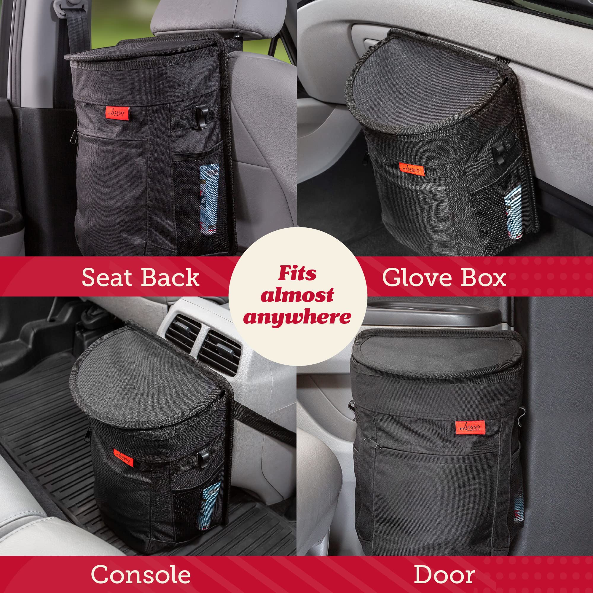 Lusso Gear flip-top lid closed hiding trash and reducing odors in vehicle
