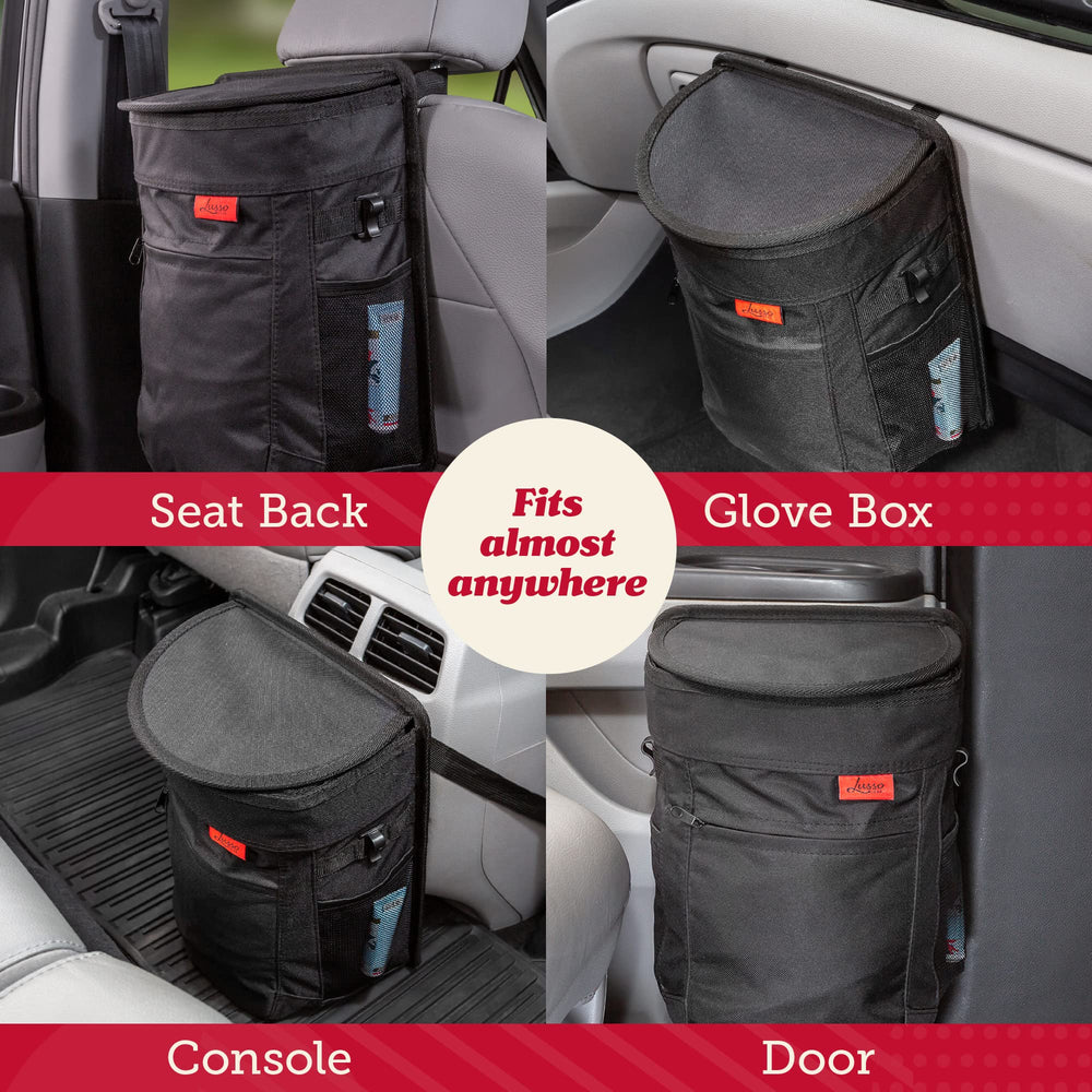 Lusso Gear flip-top lid closed hiding trash and reducing odors in vehicle