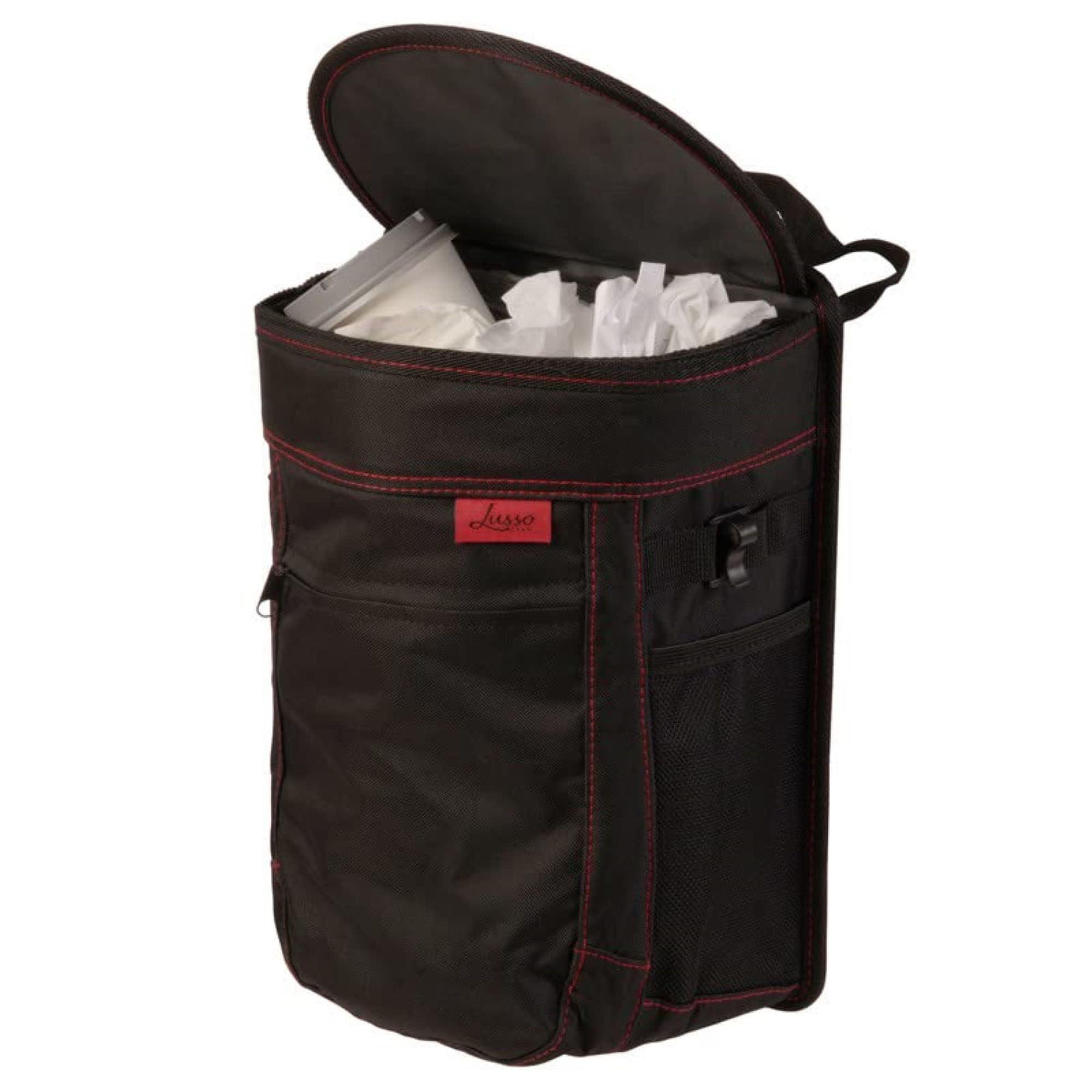 Lusso Gear front view showing black bin with red stitching, keeps car tidy