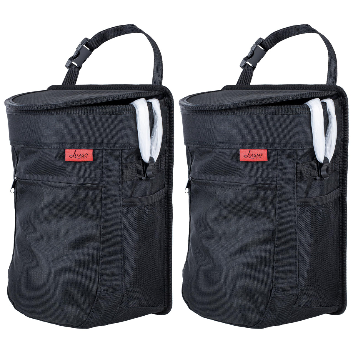Lusso Gear front view hanging trash can showing compact tidy design and convenience