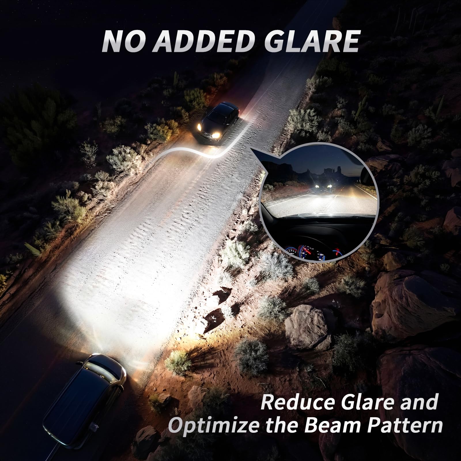 LUVALON headlight beam pattern at night showing improved reach and contrast for safer driving